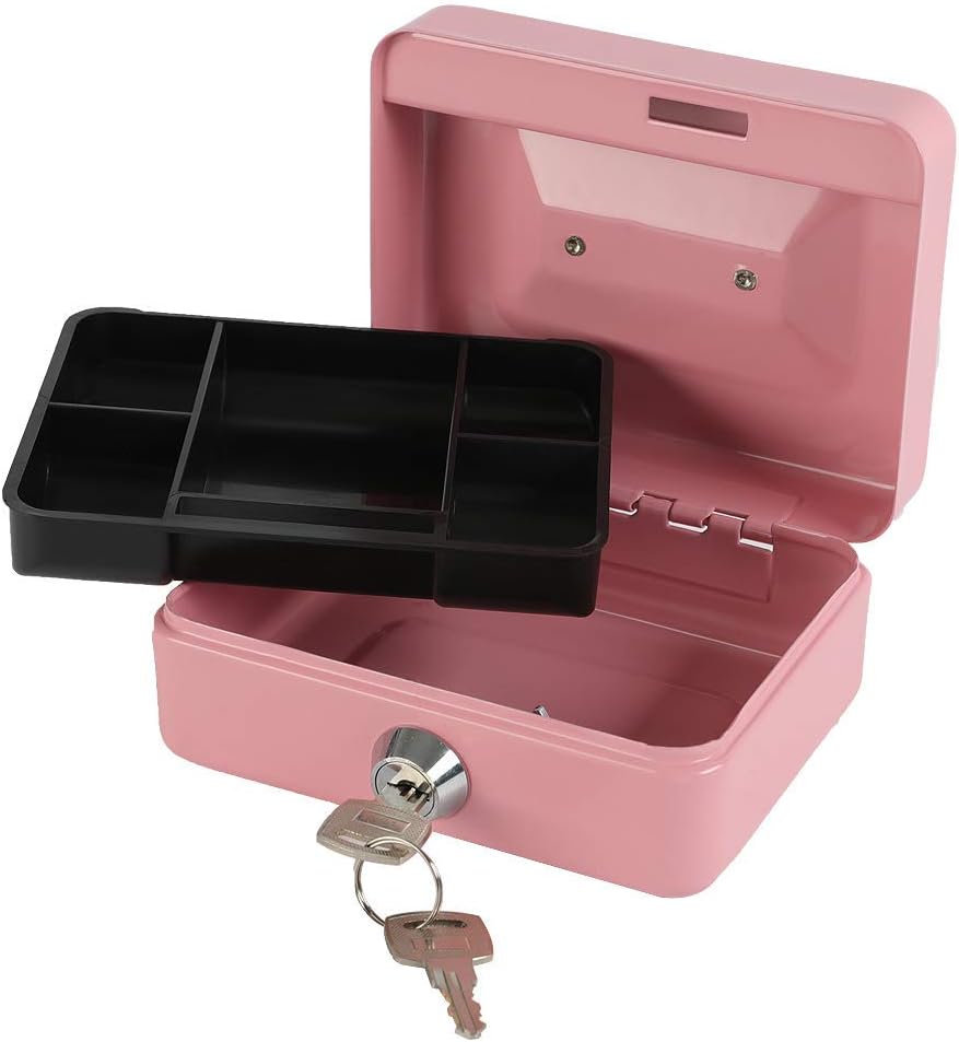 xydled Locking Steel Mini Cash Box with Removable Coin Tray and Key Lock for Kids, 4.92" x 3.74" x 2.36",Pink
