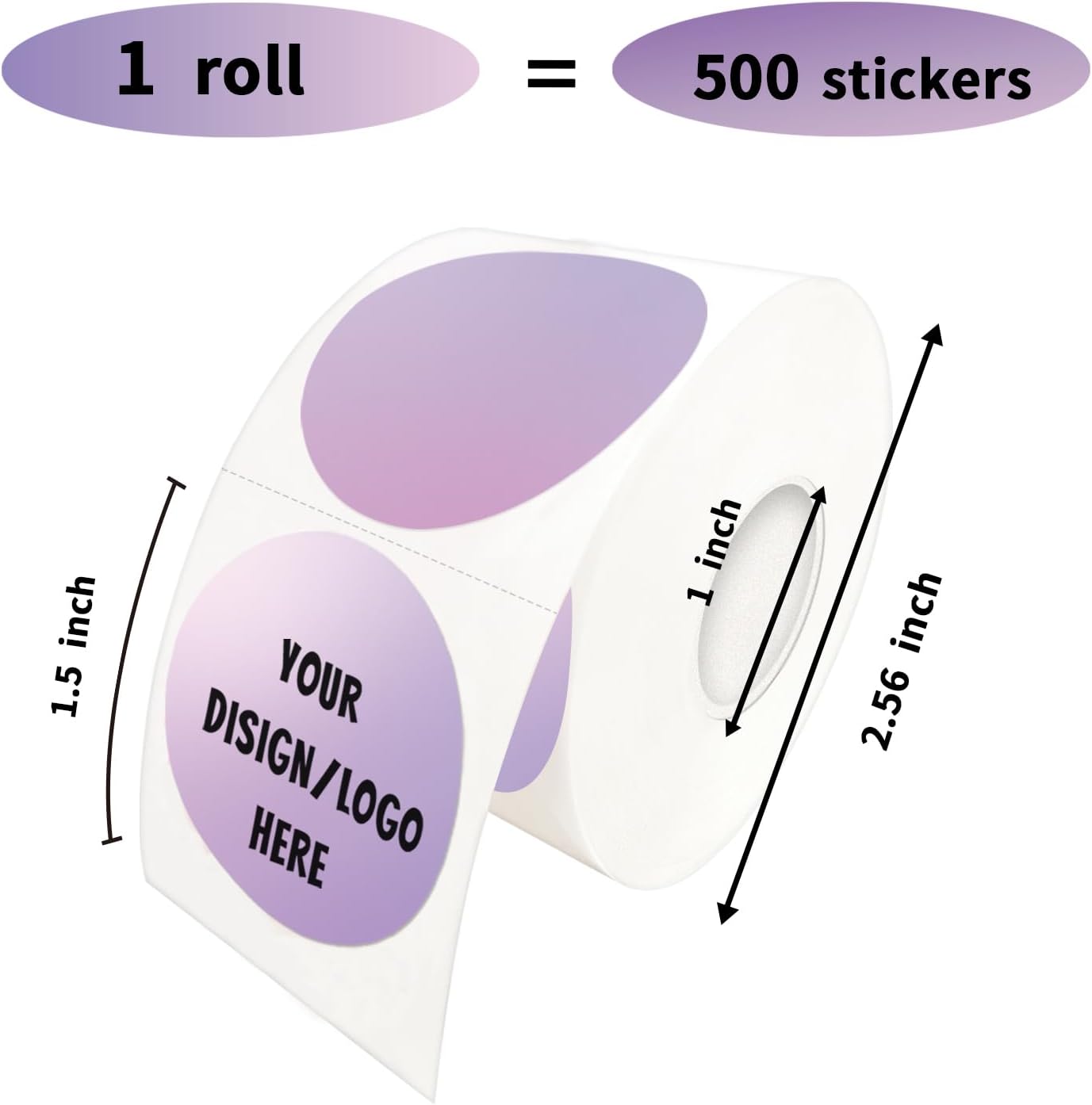 1.5 Inch Purple Round Thermal Sticker Labels, Self-Adhesive Circle Direct Thermal, Multi-Purpose Roll for DIY Logo Design With Perforation Line (500 Labels, 1 Roll)