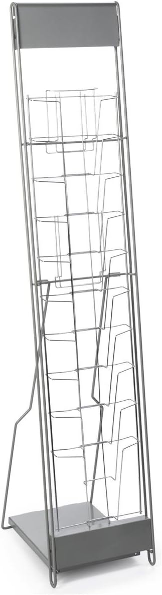 Portable Literature Stand with 10 Pockets for 8.5x11 Magazines, Carrying Bag Included, 54"h Floor-Standing Magazine Rack with Tiered Design, Steel (Silver)