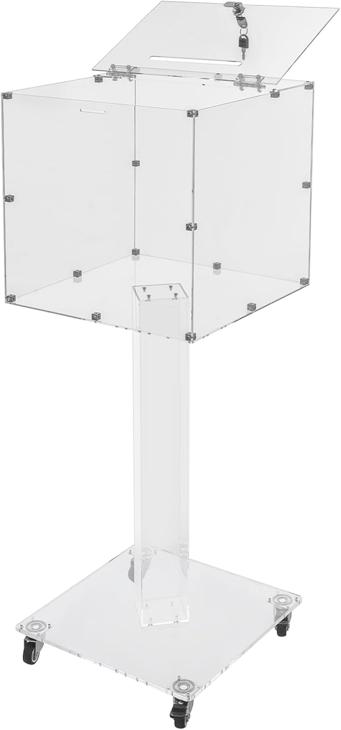 Suggestion Box with Stand, Floor Standing Offering Box with Wheels, Acrylic Locking Ballot Collection Safe Box for Voting Contest Charity Donation Church Election (Transparent (Bar Opening))