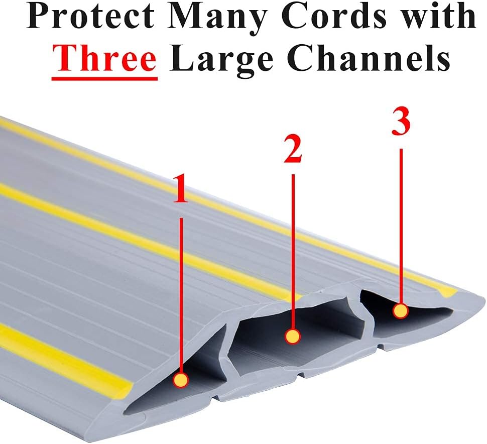 20Ft Cord Cover Heavy Duty Cable Protector 3 Channels Contains Cords Cables and Wires Easy to Unroll-Conceal Wires of Home Office Workshop Concerts or Other Outdoors Surround (Gray-2PCS 10Ft)
