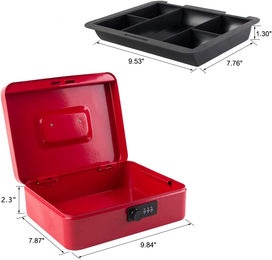 KYODOLED Large Cash Box with Combination Lock Safe Metal Money Box with Money Tray for Security Lock Box 9.84"x 7.87"x 3.54" Red Large