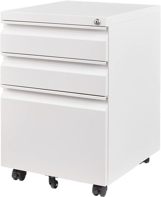 3 Drawers File Cabinet with Lock Metal Vertical File Cabient with Wheels Mobile File Cabinet for Office Home Fully Assembled (White)