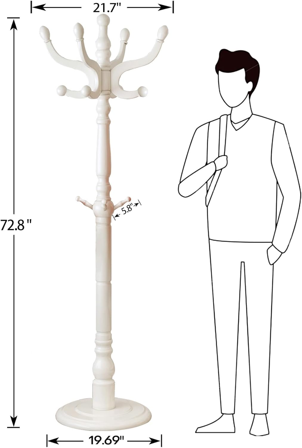 Wooden Coat Rack, Heavy Duty Coat Rack Freestanding with 11 Smooth Hooks, Coat Tree, Vintage Clothes Hanger Stand with Stable Disc Base for Bedroom, Entryway, Office-Load 180lbs (Ivory White)