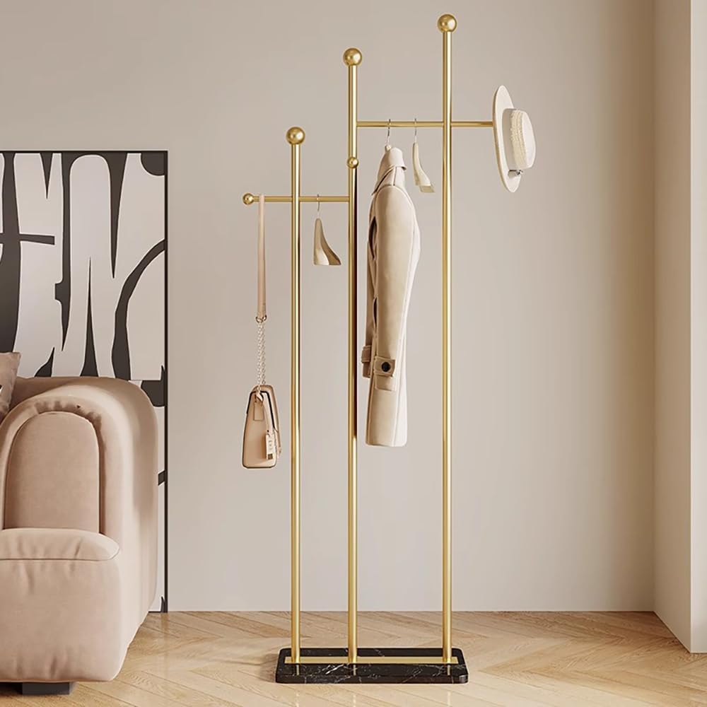 Standing Coat Rack with Marble Base Heavy Duty Clothes Hanger Rack Metal Coat Tree for Clothes Hats Scarfs Purses 19.69 x 11.02 x 68.9 Inches (Gold)