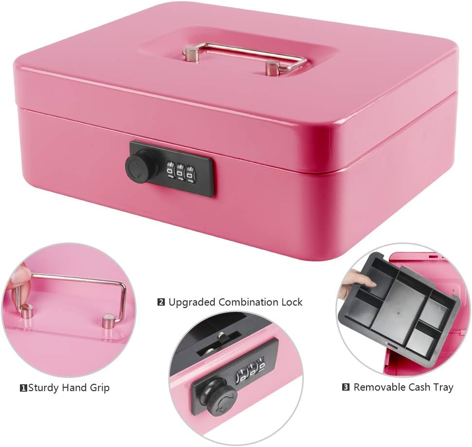 Kyodoled Large Cash Box with Combination Lock,Safe Metal Money Box with Money Tray for Security Lock Box 9.84"x 7.87"x 3.54" Pink Large