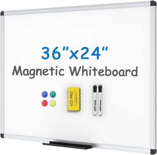 VIZ-PRO Magnetic Whiteboard/Dry Erase Board, 36 X 24 Inches, Includes 1 Eraser & 2 Markers & 4 Magnets