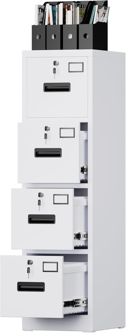 Aobabo 4 Drawer File Cabinet, Metal Filing Cabinet with Lock, Suitable for Home Office School Hanging Files Letter/Legal/A4 Size,White,Required-Assembly,17.72" D x 14.96" W x 55.2" H