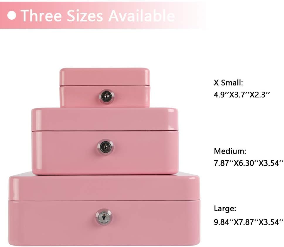 xydled Locking Steel Mini Cash Box with Removable Coin Tray and Key Lock for Kids, 4.92" x 3.74" x 2.36",Pink