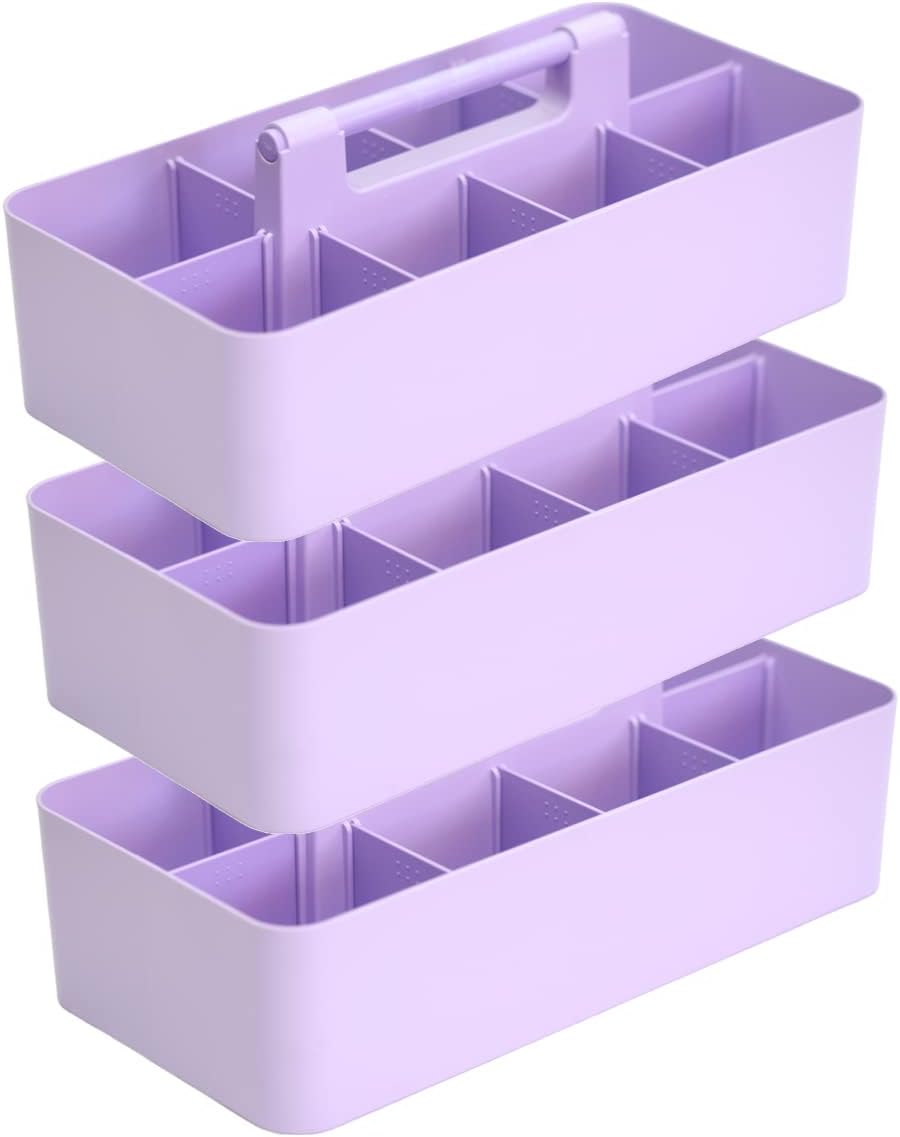 -Large Portable Caddy, DIY Dividers, 8 Compartments, School Office Supplies Home Business Basket with Handle Storage Modern Made in USA (3 PACK, Lavender)