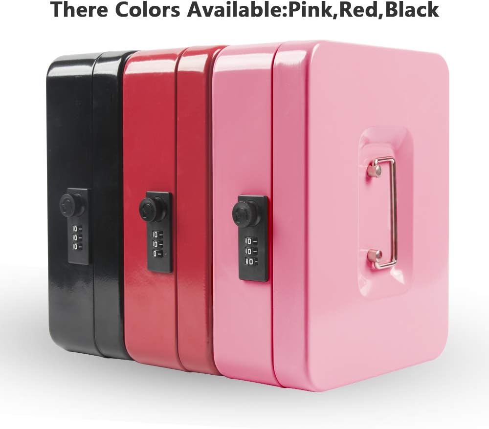 Kyodoled Large Cash Box with Combination Lock,Safe Metal Money Box with Money Tray for Security Lock Box 9.84"x 7.87"x 3.54" Pink Large