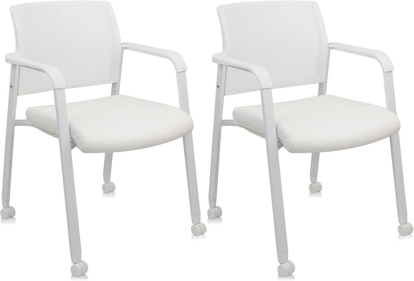 CLATINA Stacking Office Chairs | Mesh Back, Thicken Leather Seat and Arms, Ergonomic Lumber Support | Guest Reception, Waiting, Conference, School, Party, Customer, Side, Stationary | Set of 2, White