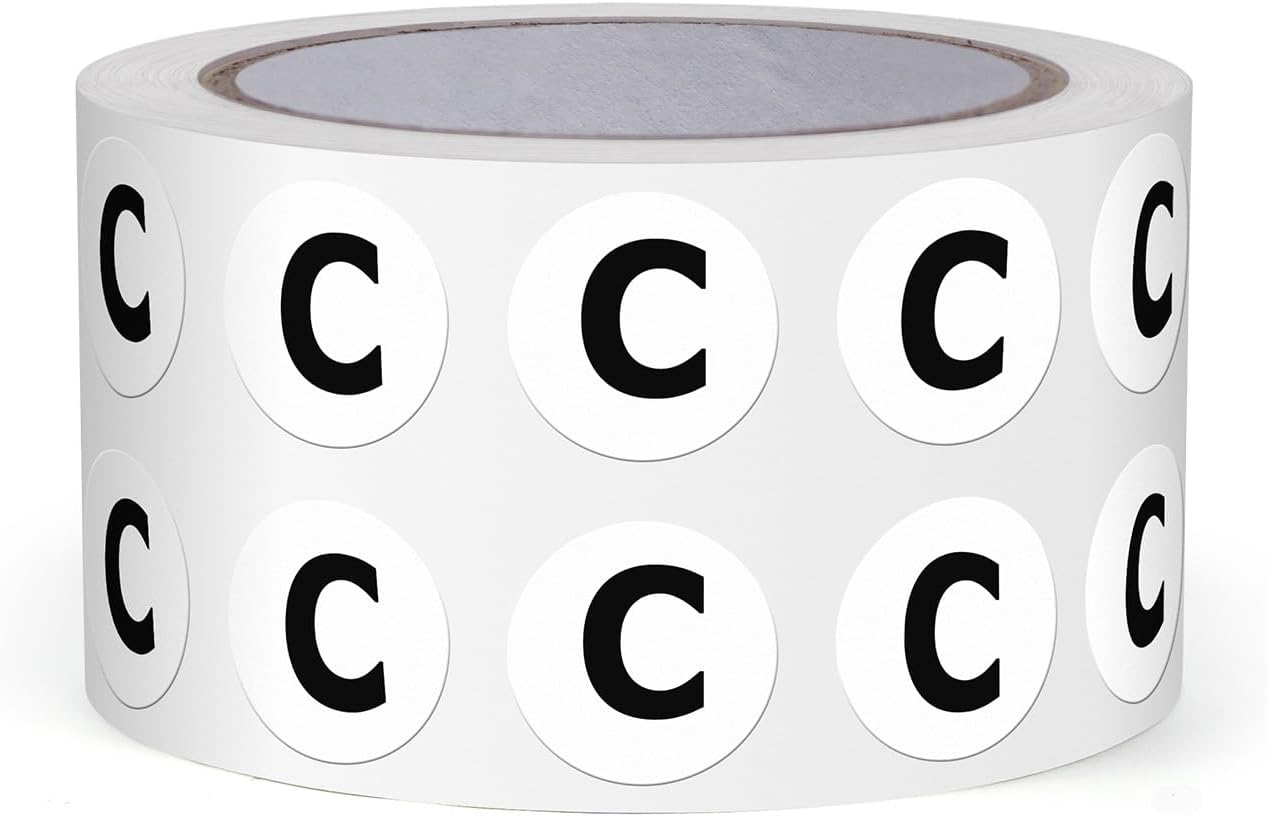 Letter C Round Labels 0.5 Inch Vinyl Circle Capital Alphabet Stickers Self-Adhesive Removable Waterproof Dots Tags for Home Office Inventory 1000 PCS