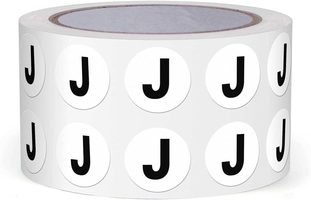 Letter J Round Labels 0.5 Inch Vinyl Circle Capital Alphabet Stickers Self-Adhesive Removable Waterproof Dots Tags for Home Office Inventory 1000 PCS