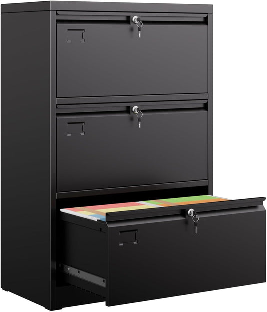 Aobabo 3 Drawer Wide Lateral File Cabinet, Metal Filing Cabinet with Lock, Suitable for Home Office School Hanging Files Letter/Legal/F4/A4 Size,Black,Required-Assembly,15.87" D x 28.94" W x 43.62" H