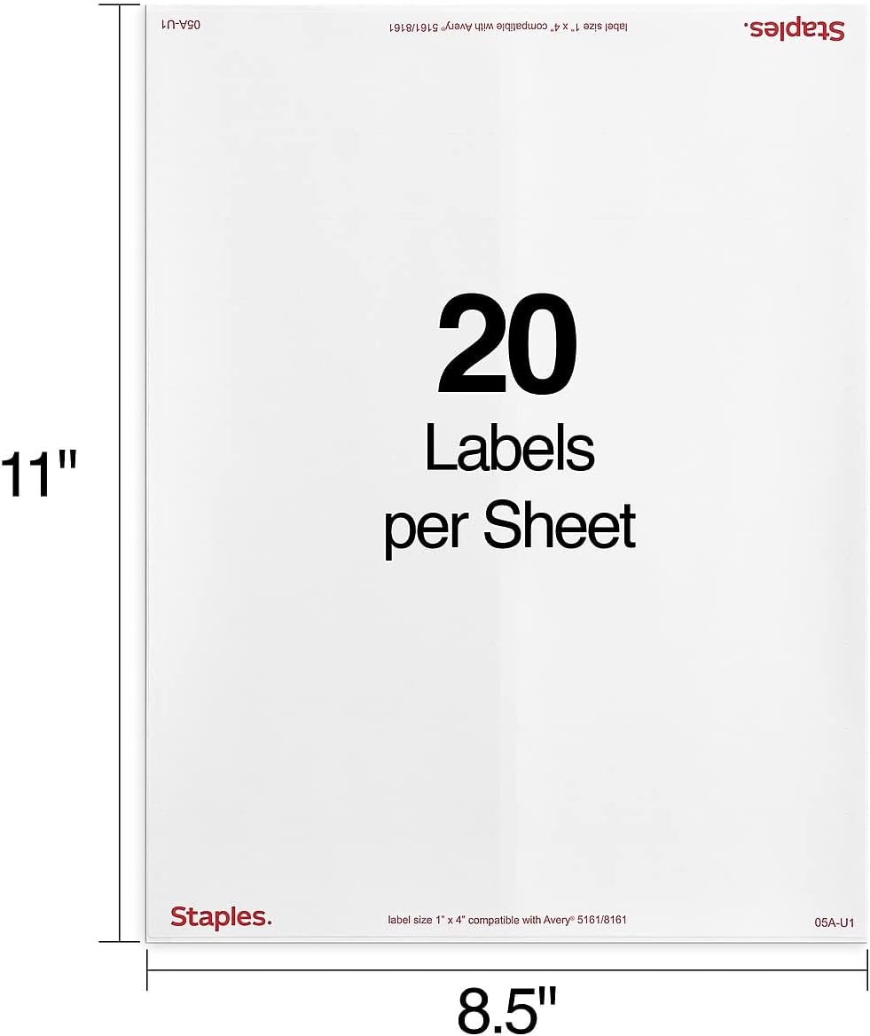 Staples® White Inkjet/Laser Address Labels 1" X 4", 5,000/Box