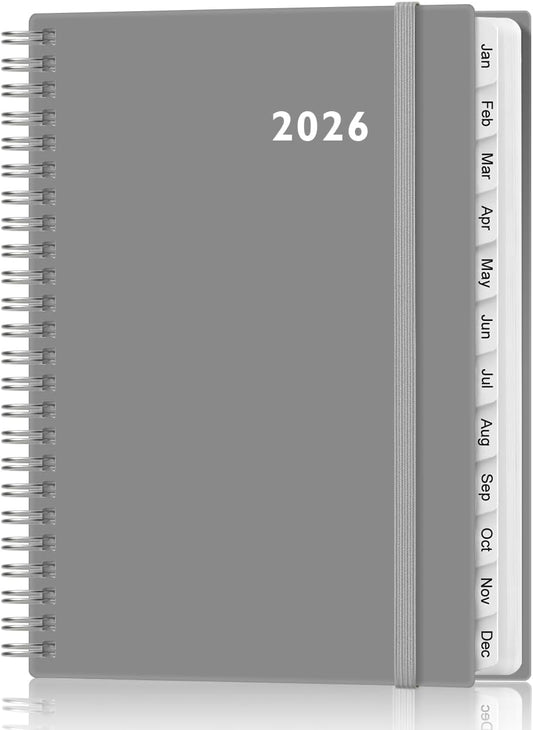 2026 Planner - Weekly and Monthly Calendar Planner from Jan 2026 - Dec 2026, Planner 2026 Spiral Bound with 12 Monthly Tabs, Inner Pocket, Perfect for School Office Supplies, 6.4" x 8.5", Grey-C