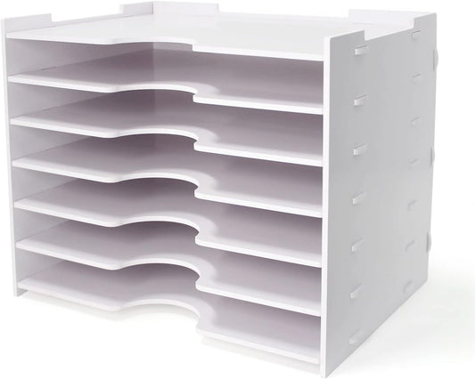 SONGWAY File Organizer for Desk - 7 Tier Wide Document Holder, Letter Mail Tray Storage Rack, A4 Paper Storage Holder, Desktop Organizer for Home Office School, White