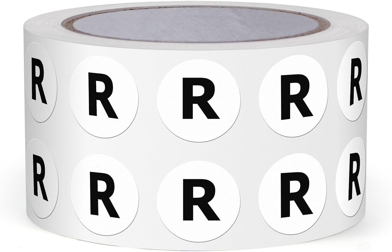 Letter R Round Stickers 0.5 Inch Vinyl Circle Capital Alphabet Labels Self-Adhesive Removable Waterproof Dots Tags for Home Office Inventory 1000 PCS