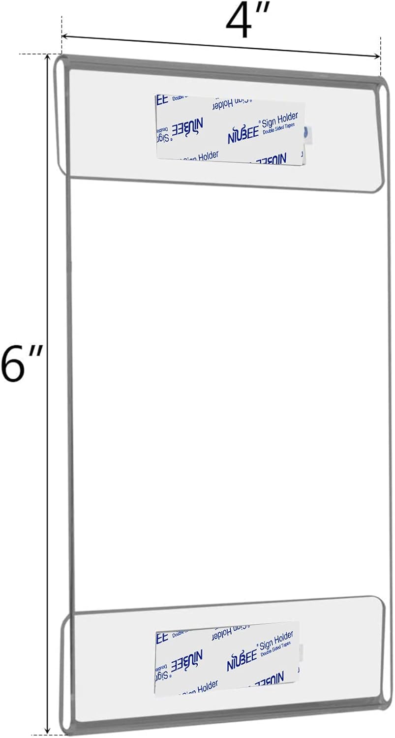 Niubee 4 x 6 inch Wall Mount Acrylic Sign Holder with Double Sided Adhesive Tape for Office, Home, Store, Restaurant, No Drilling - Vertical (6 Pack)