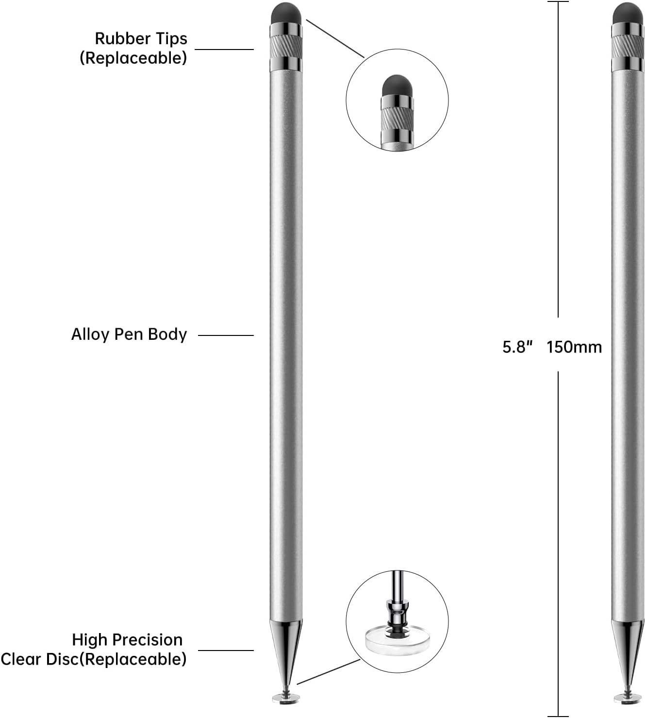 Bopomofo Stylus (5 Pcs), 2-in-1 Stylus Pen for Touchscreen, High Precision and Sensitivity, Suitable for iPhone/ipad/Android Tablets, Compatible with Touch Screens,Silver