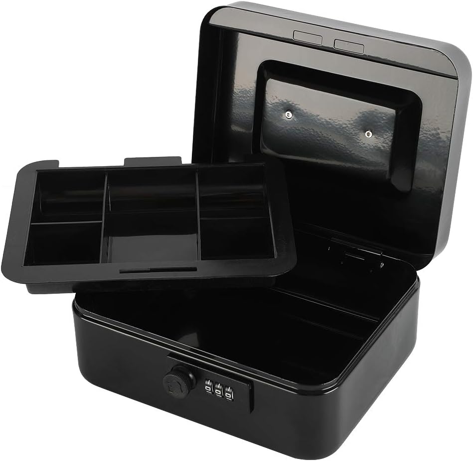 xydled Steel Cash Box Safe with Combination Lock,Money Safe Box with Removable Coin Tray,Medium,7.87"x 6.30"x 3.54",Black