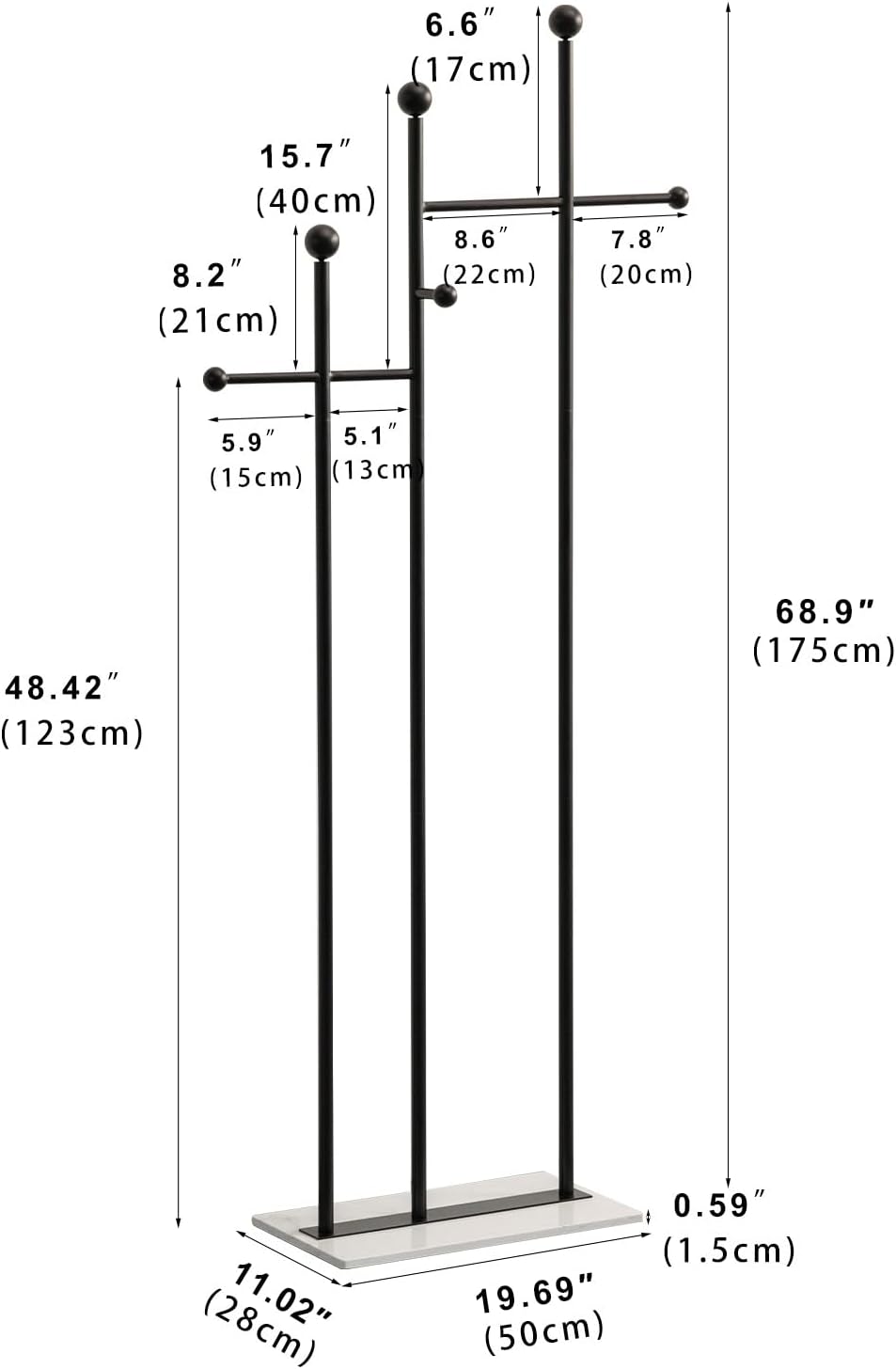 Standing Coat Rack with Marble Base Heavy Duty Clothes Hanger Rack Metal Coat Tree for Clothes Hats Scarfs Purses 19.69 x 11.02 x 68.9 Inches (Black)