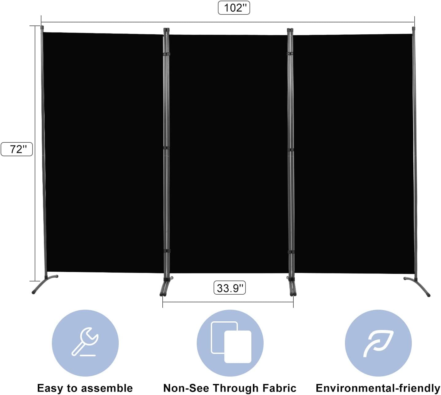 Room Divider 6FT Folding Privacy Screens, Partition Room Dividers w/Freestanding Design, Portable Wall Divider for Room Separtation, Fabric Screen Panel for Home Office Dorm (Black, 3 Panel)
