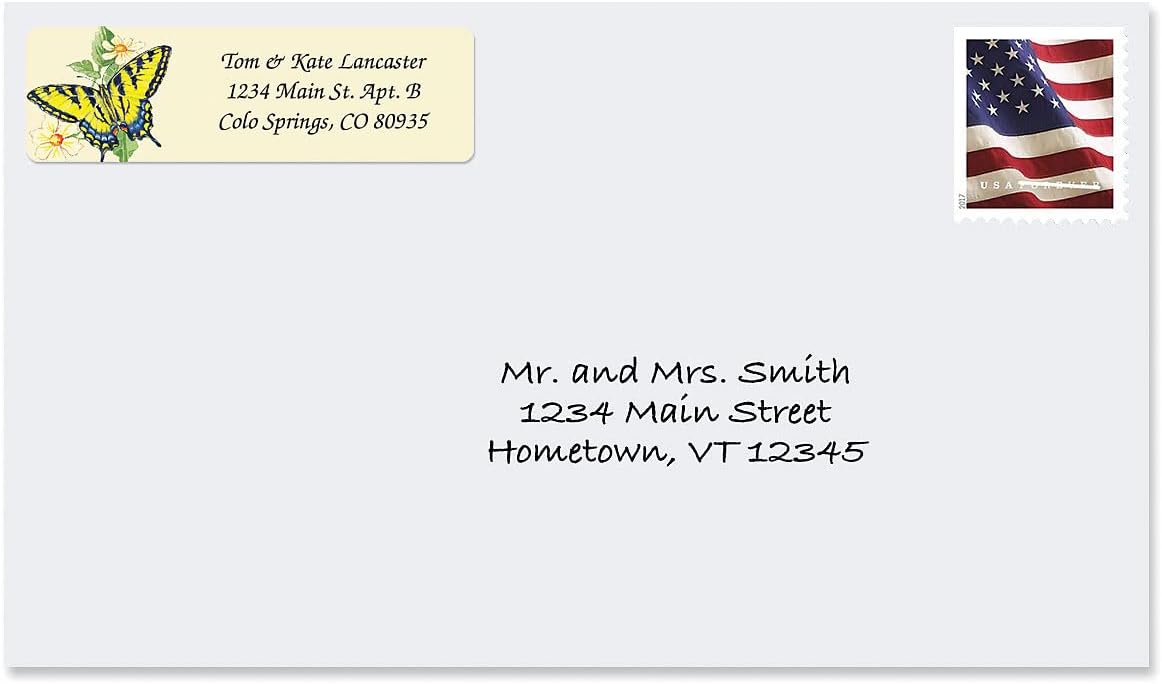 Butterflies Rolled Personalized Return Address Mailing Labels with Dispenser, Set of 250, 5 Designs, Small ¾ x 2½ Inch Size, Custom Self-Adhesive Sticker Roll, by Colorful Images