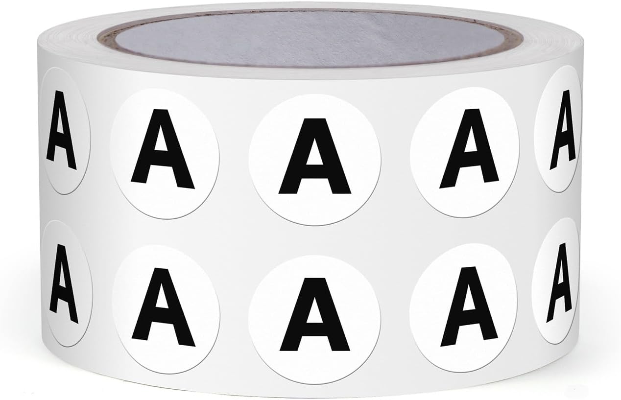 Letter A Round Stickers 0.5 Inch Vinyl Circle Capital Alphabet Labels Self-Adhesive Removable Waterproof Dots Tags for Home Office Inventory 1000 PCS