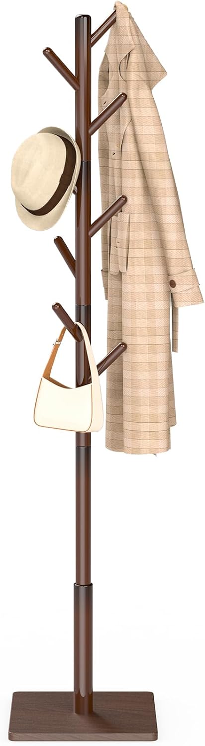 Coat Rack Freestanding with Stable Square Base, Entryway Furniture with 3 Adjustable Sizes and 8 Hooks, Used in Bedroom, Office and Hallway, Brown