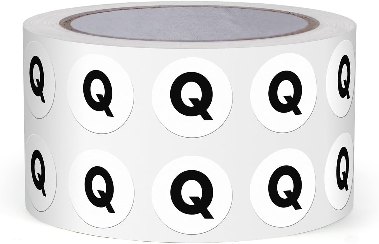 Letter Q Round Stickers 0.5 Inch Vinyl Circle Capital Alphabet Labels Self-Adhesive Removable Waterproof Dots Tags for Home Office Inventory 1000 PCS