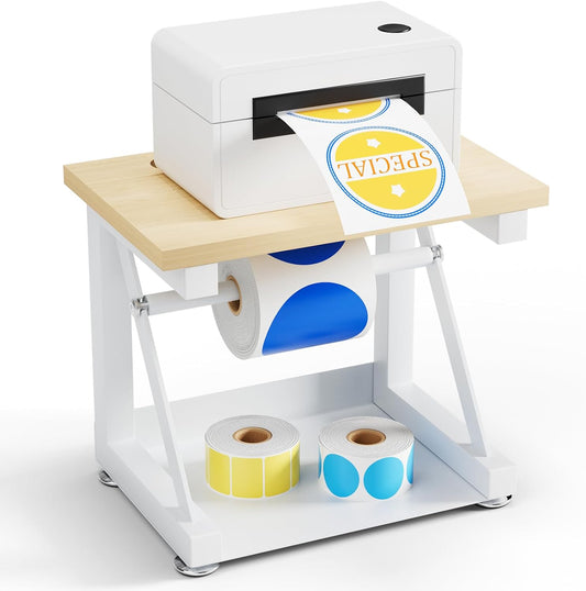 Label Holder for Rolls and Fan-fold Labels, Wooden Thermal Label Holder for Thermal Printer, Stand Desktop Printer Accessory Supplies for Home, Office, Small Business (White)