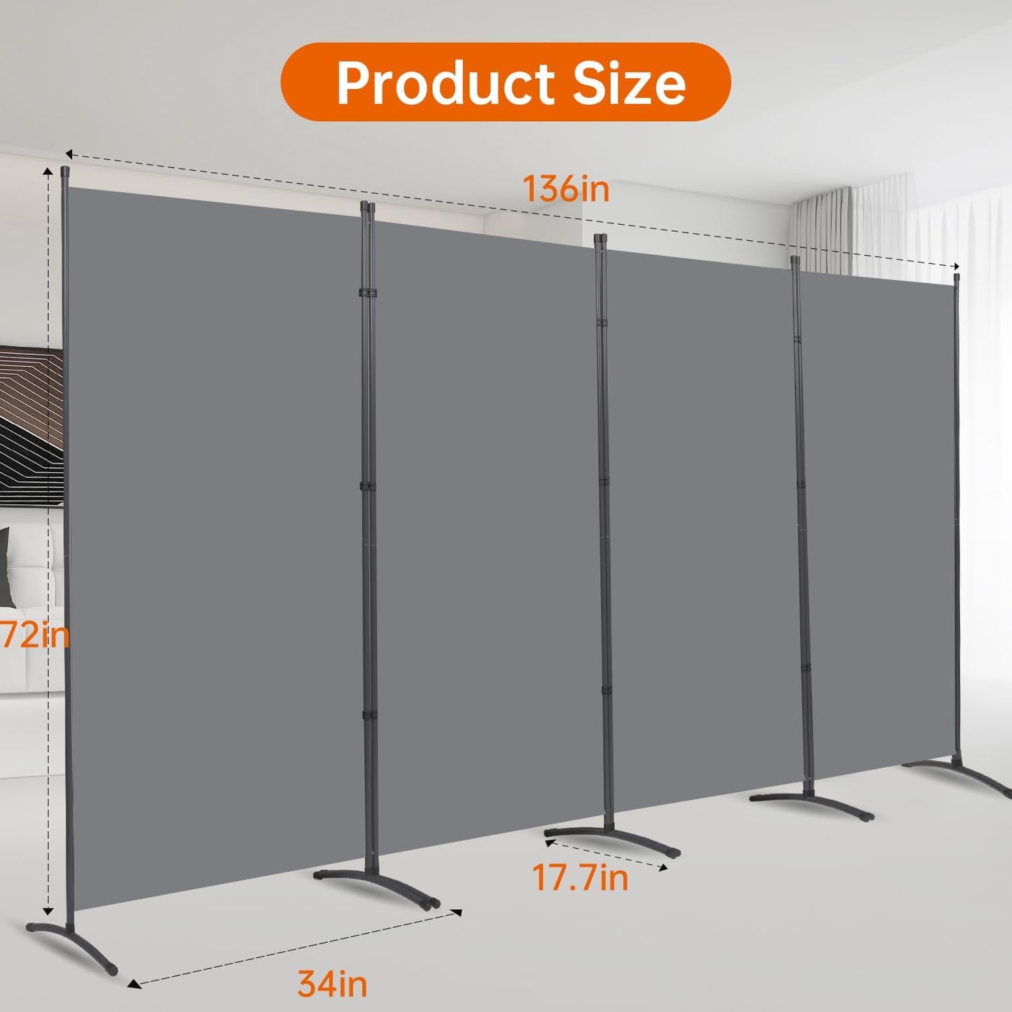 Room Divider 6FT Folding Privacy Screens, Partition Room Dividers w/Freestanding Design, Portable Wall Divider for Room Separtation, Fabric Screen Panel for Home Office Dorm (Grey, 4 Panel)