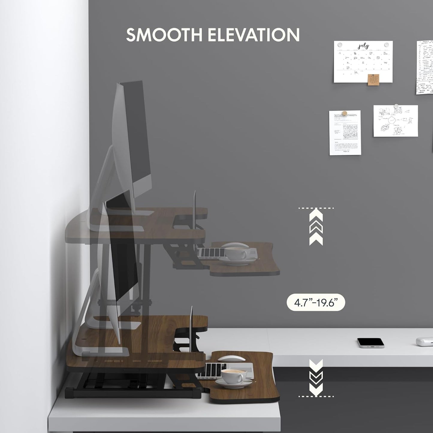 FLXISPOT 42" Standing Desk Converter Sit to Stand up Riser Height Adjustable Monitor and Laptop Workstation with Spacious 2-Tier Desktop, Walnut Color