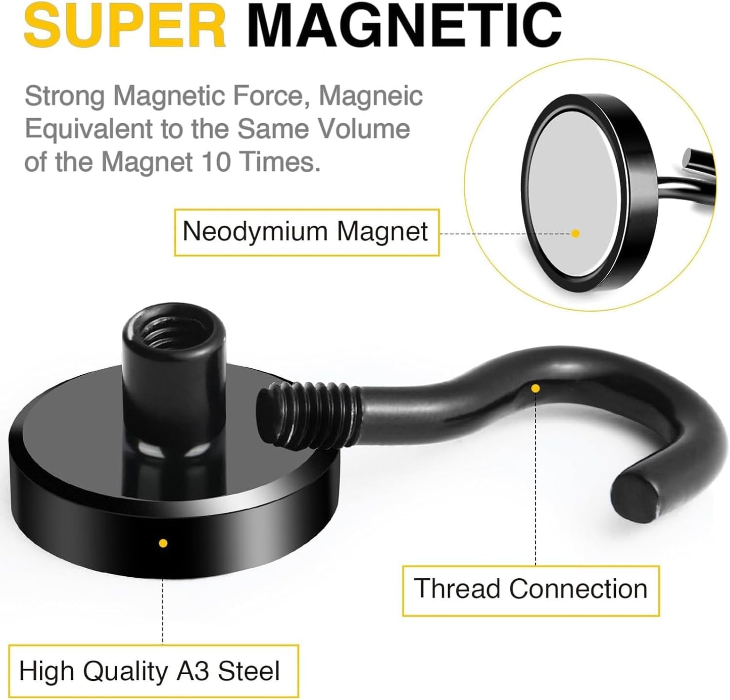 DIYMAG Black Magnetic Hooks, 50 LB Heavy Duty Strong Magnets with Hook, Rare Earth Neodymium Magnet for Cruise Cabins Ship Essentials 12 Packs