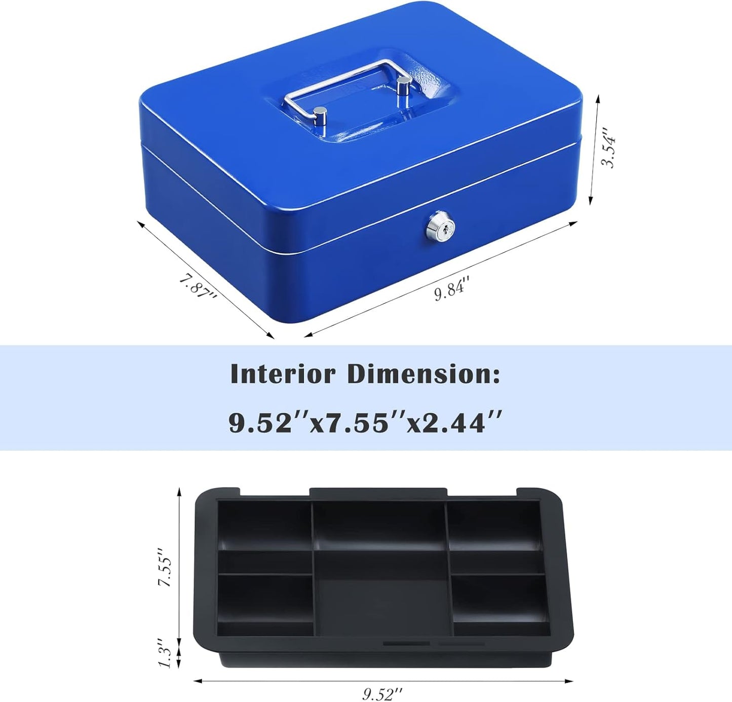 xydled Locking Steel Large Cash Box with Removable Coin Tray and Key Lock,9.84"x 7.87"x 3.54",Blue