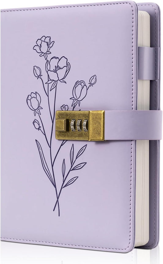 Lock Diary for Women Diary with Lock for Girls A5 Leather Locked Journal 260 Pages 100 GSM Refillable Journal with Lock for Teens Secrets Flower Journals with Combination Passwords, 5.7"x8.3", Purple