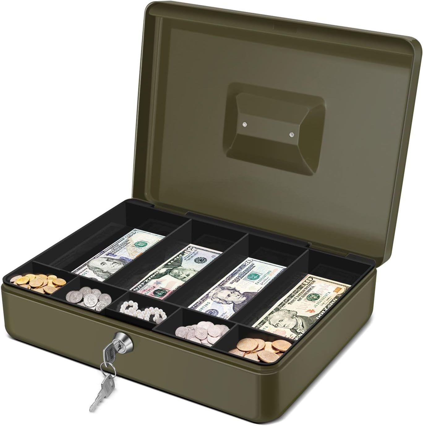 Flexzion Cash Box with Money Tray and Lock - Metal Cash Box for Small Businesses, 9-Compartment Green Money Box with Removable Tray and Key, Portable Storage for Checks and Coins