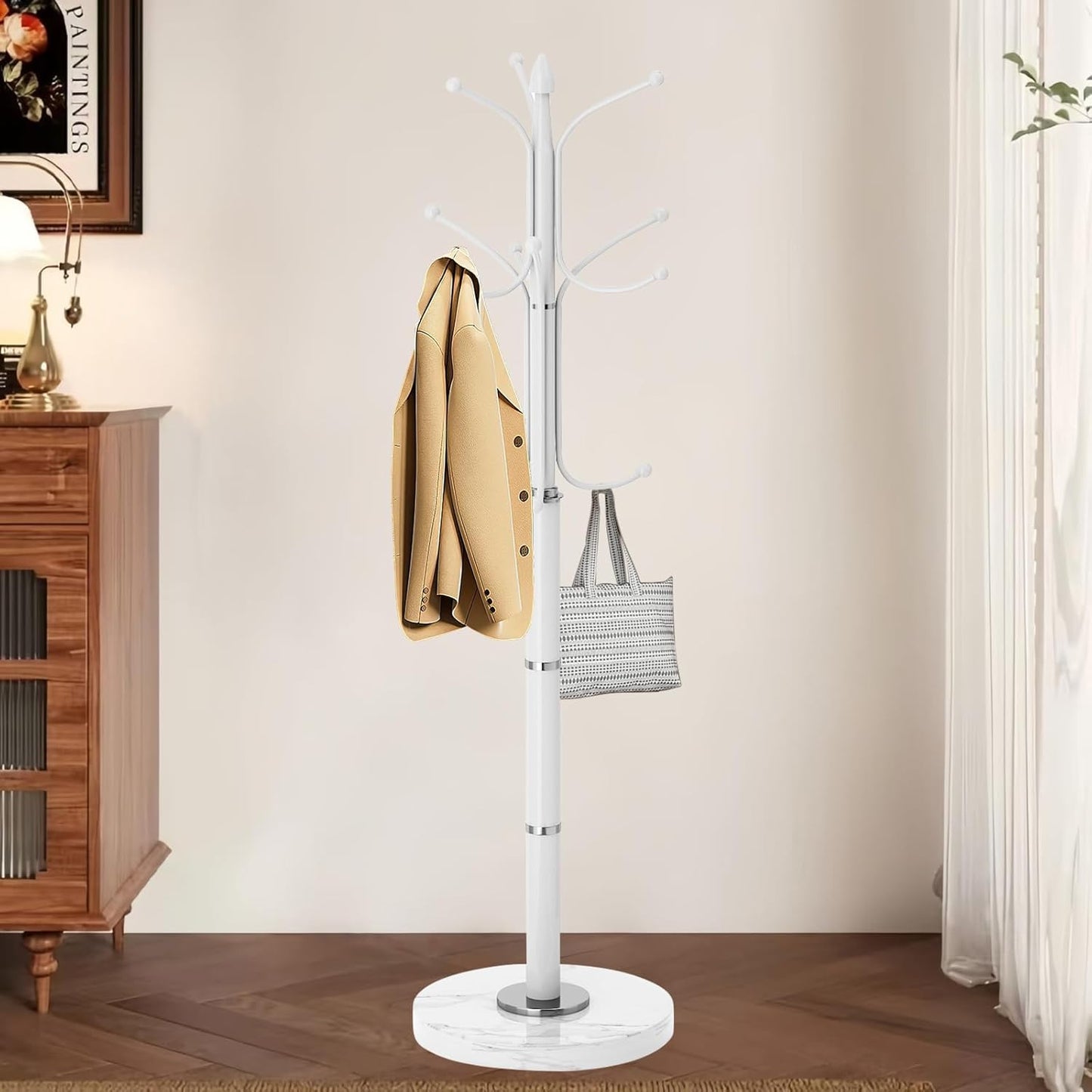 Coat Rack with Natural Marble Base, Metal Modern Coat Racks Freestanding, Coat Rack Stand with 12 Hooks, Coat Tree Hats Hanger Stand for Entryway, Hallway (12 Hooks-White)