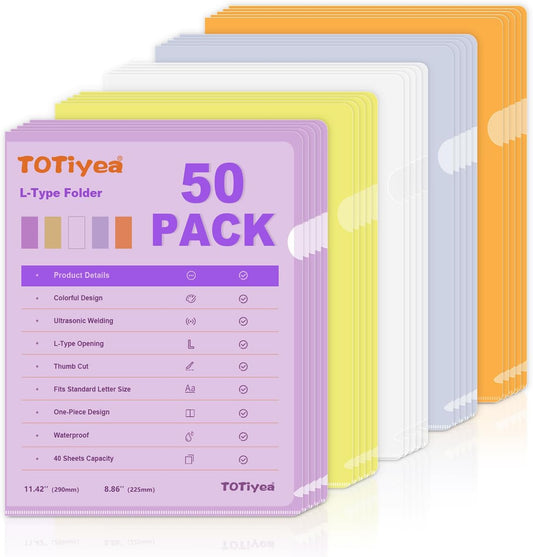 TOTiyea 50 Pack Clear Folder, Plastic L-Type Folders, Clear Colored Copy Safe Project Pocket, Fits Letter Size 8.5x11 Paper, Assorted Colors