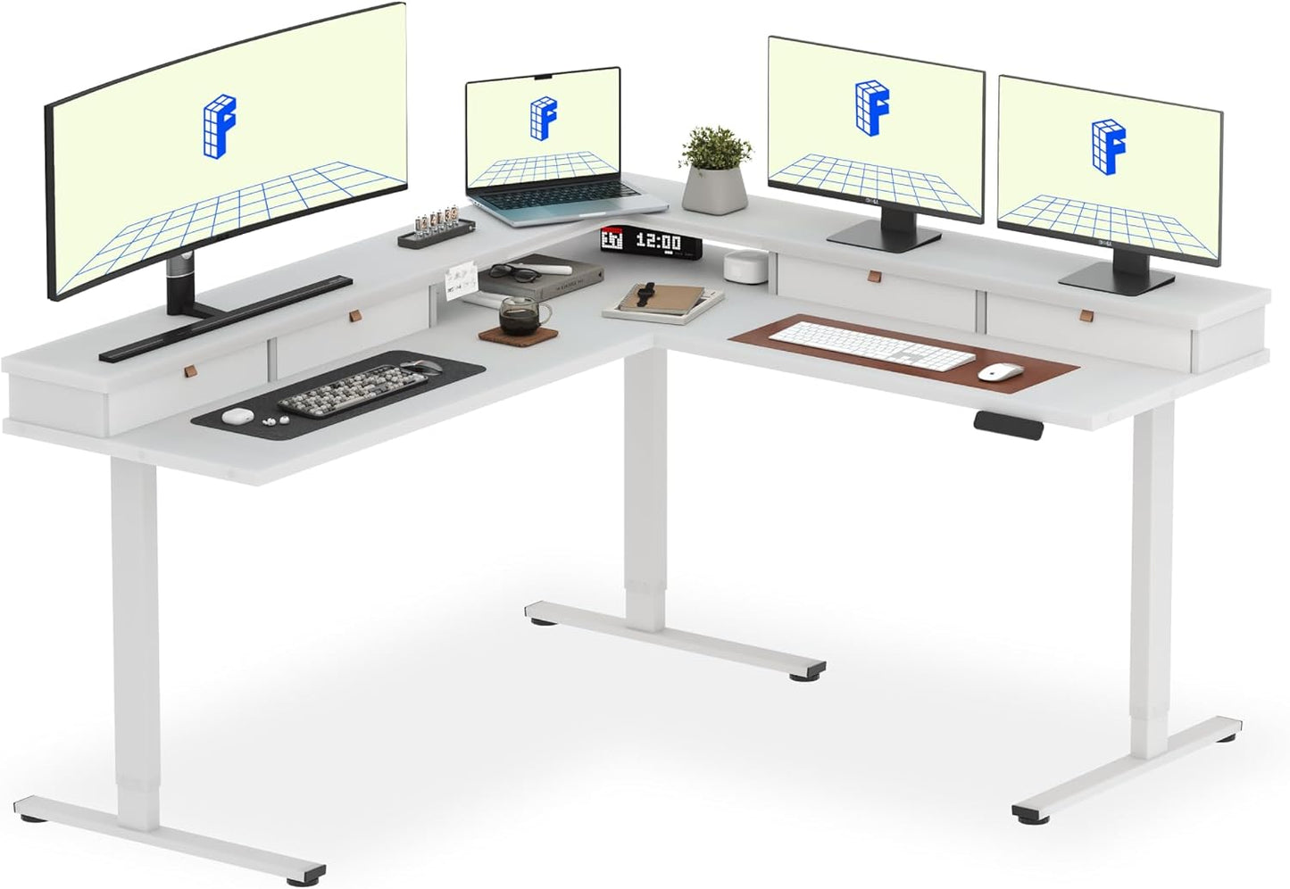FLEXISPOT 71" Large L Shaped Standing Desk Electric Corner Table with Shelf, 4 Storage Drawers, Adjustable Computer Workstation for Home, Office, Game, Studio, White Top + White Frame