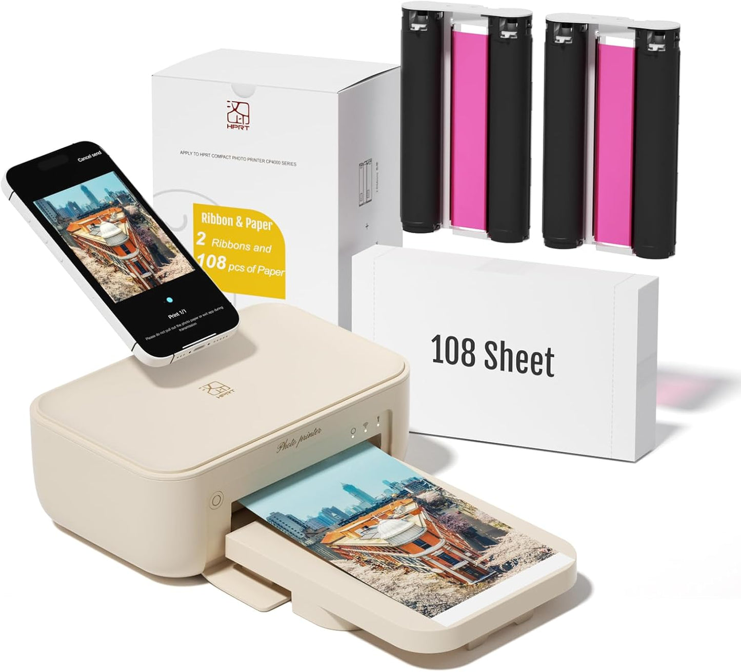 HPRT 4x6 Photo Printer with 108 Sheet Photo Paper& 2 Ribbon, Desktop Instant Picture Printer for iPhone, Smartphone, Thermal Dye Sublimation, WI-Fi Connnecting, Home Use, Beige