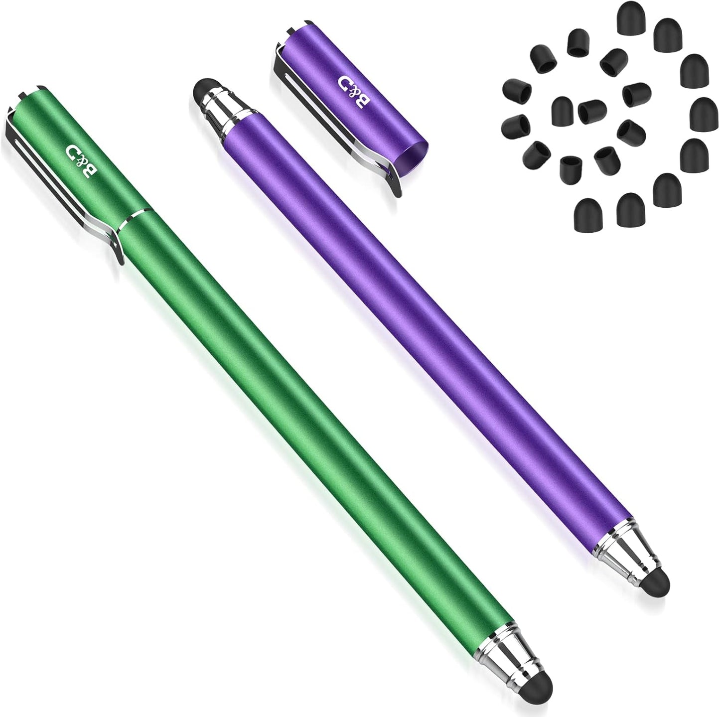 Stylus Pens for Touch Screens, Bargains Depot (2 Pcs) 2-in-1 Stylus Pens for iPhone, iPad, Samsung Galaxy, Tablet with 20 Replacement Rubber Tips -Purple/Green