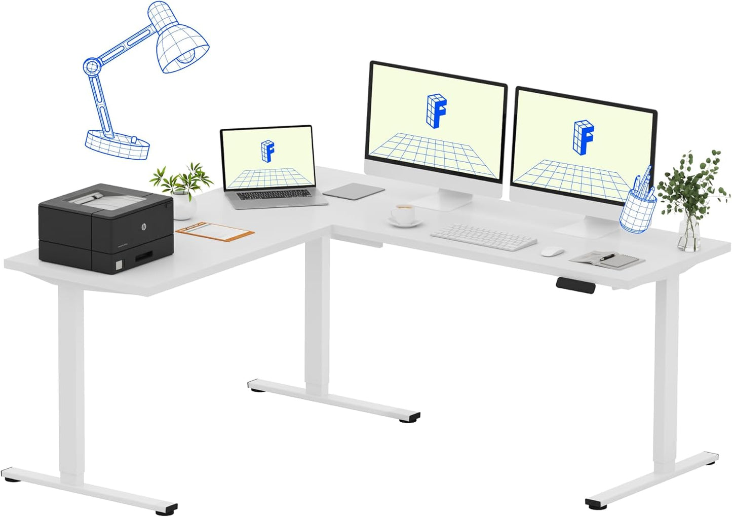 FLEXISPOT L Shaped Standing Desk, 71 x 63 Inch Electric Height Adjustable Corner Desk, Sit Stand Computer Workstation, Preset Controller, Home Office, White Frame with White Top