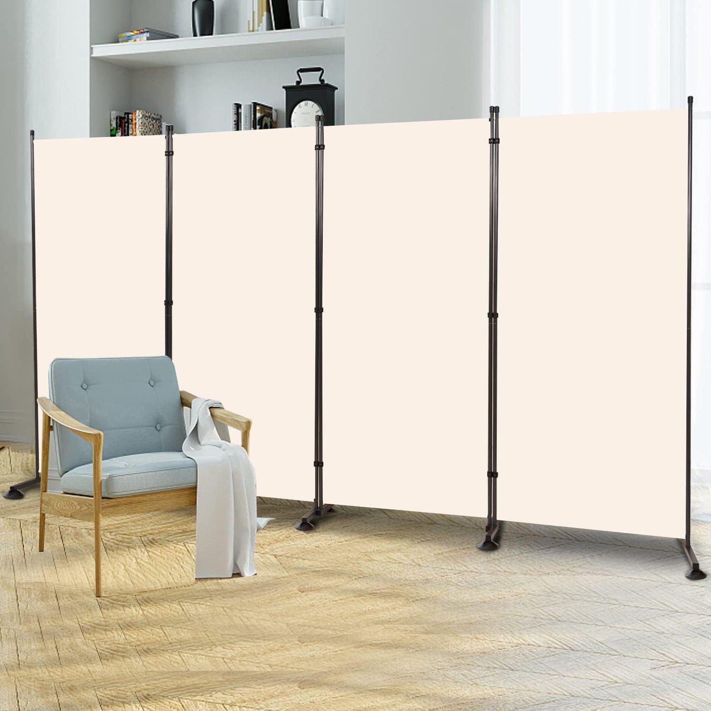 Room Divider 6FT Folding Privacy Screens, Partition Room Dividers w/Freestanding Design, Portable Wall Divider for Room Separtation, Fabric Screen Panel for Home Office Dorm (Beige, 4 Panel-Round Pad)