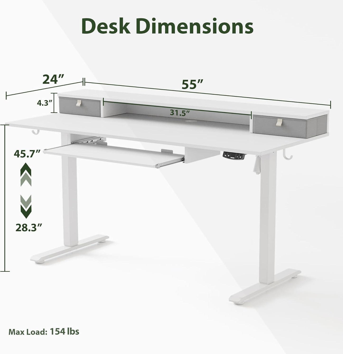 Agilestic Electric Standing Desk with 2 Drawers and Keyboard Tray, 55 x 24 Inches Ergonomic Adjustable Height Desk with Storage, Sit Stand up Desk Computer Workstation, White