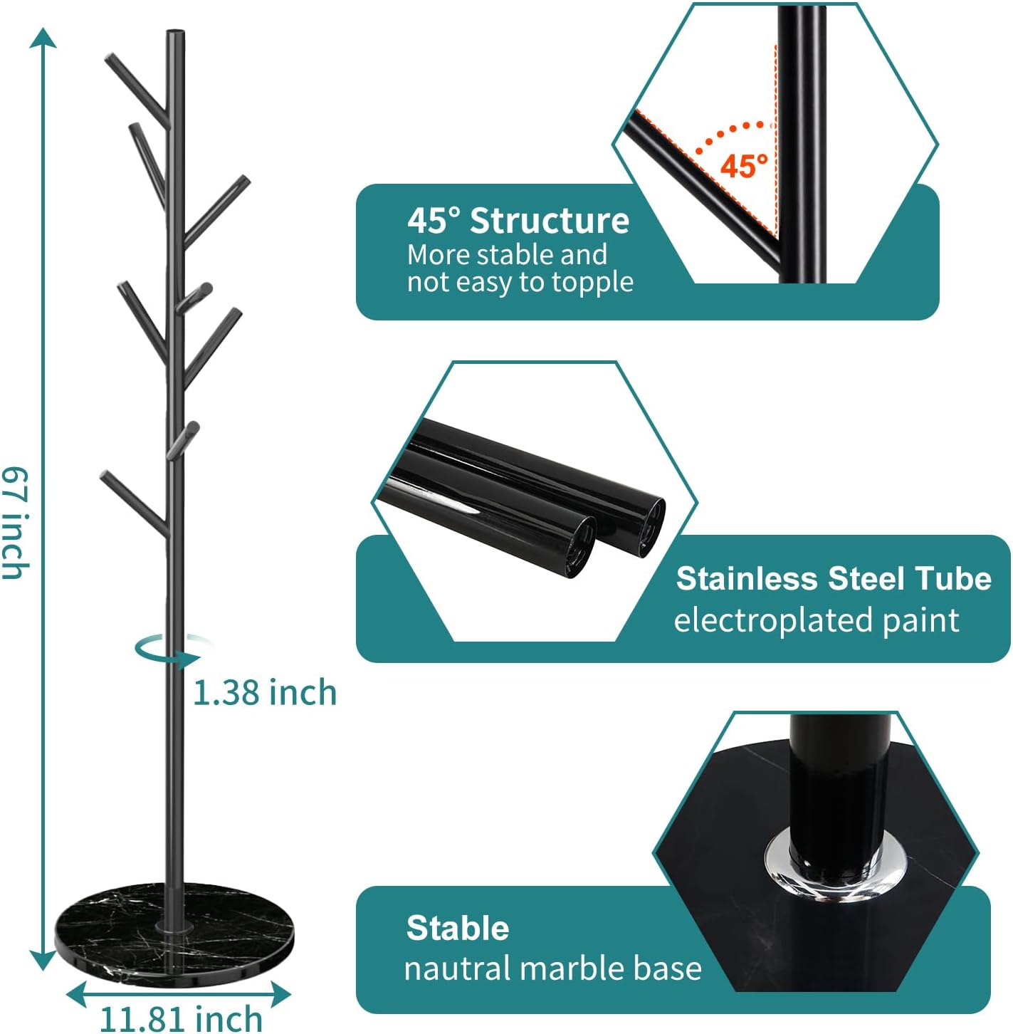 Coat Rack with Natural Marble Base, Metal Freestanding Coat Racks, Heavy Duty Coat Rack Stand with 8 Hooks for Hanging Scarf, Bag, Jacket, Black Coat Hall Tree Hanger Holder Stand