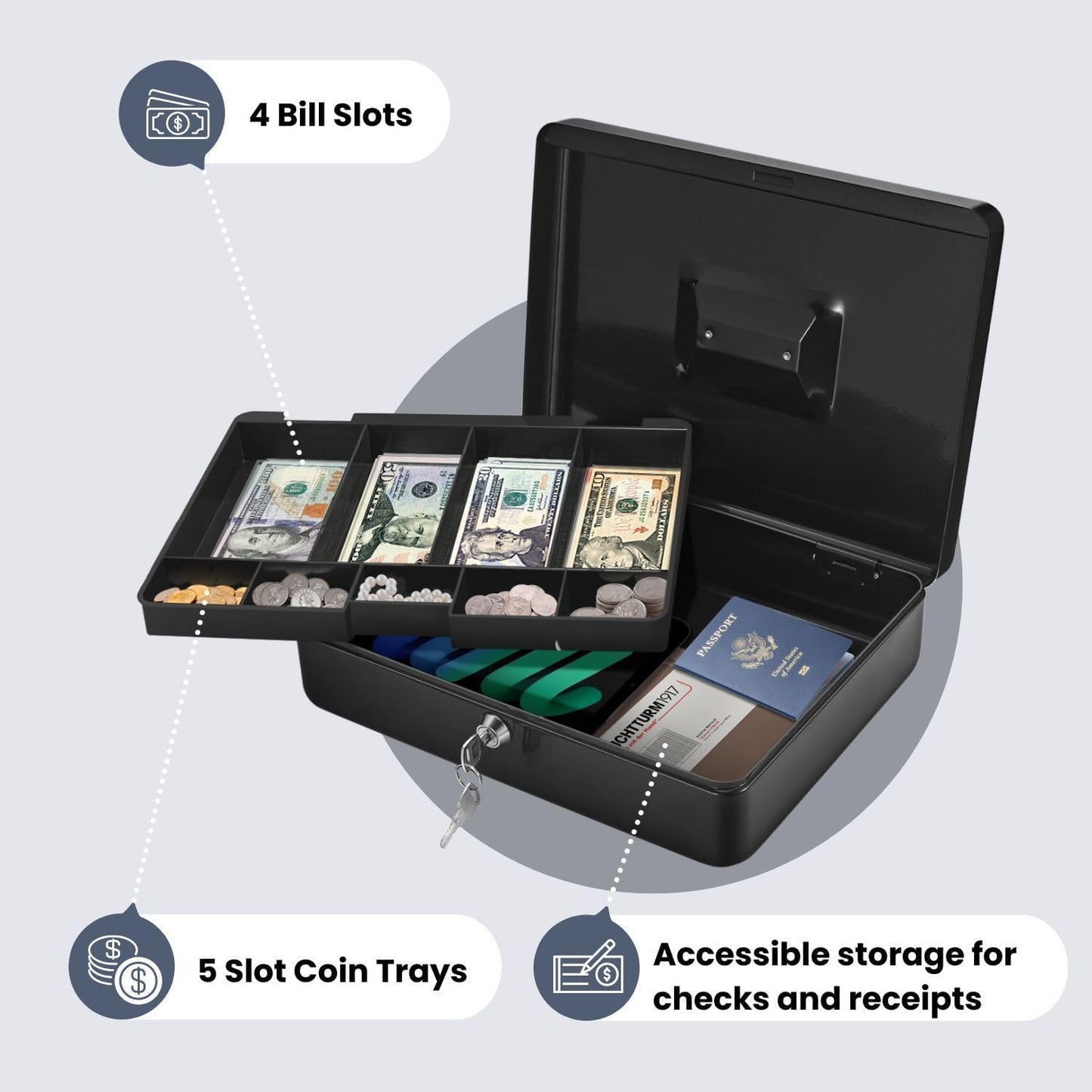 Flexzion Cash Box with Money Tray and Lock - Metal Cash Box for Small Businesses, 9-Compartment Black Money Box with Removable Tray and Key, Portable Storage for Checks and Coins
