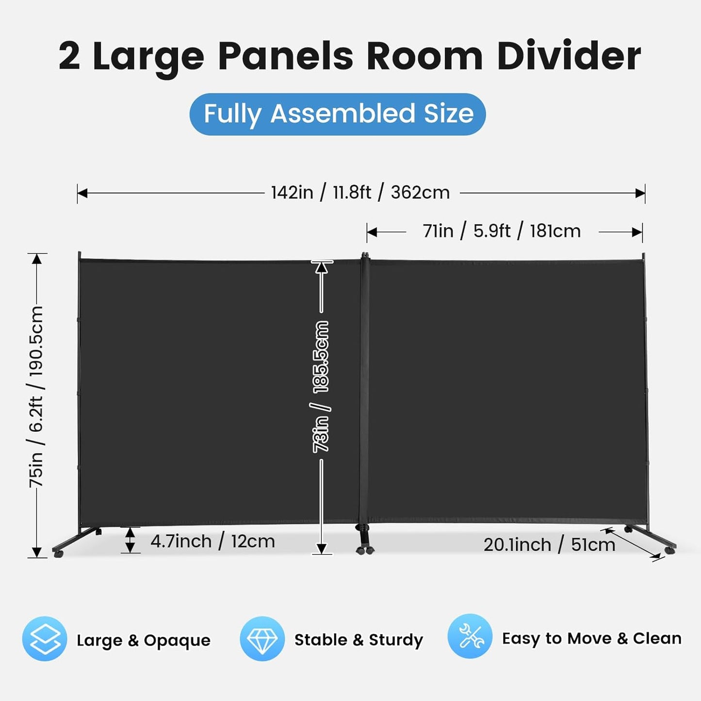 MAYOLIAH Indoor Room Divider 2 Large Panels on Wheels, 142”W x 75”H Rolling Privacy Screen W/Cover Strip, Portable Wall Divider for Home Office Partition, Black
